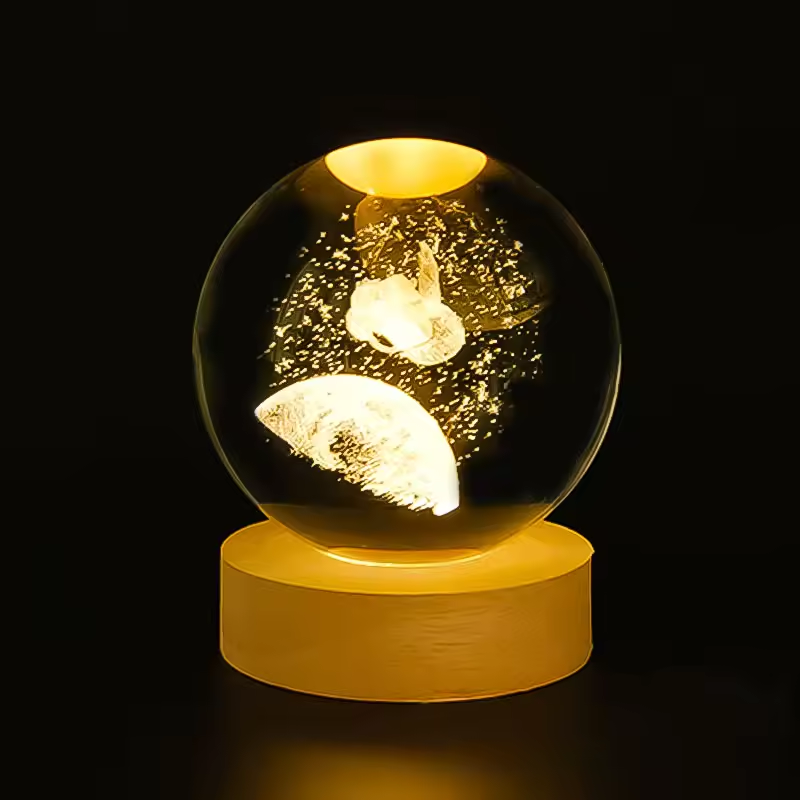 Hot Sale 3D Crystal Ball LED Night Light New Design 60mm 80mm Solar System Moon Polished Glass Base