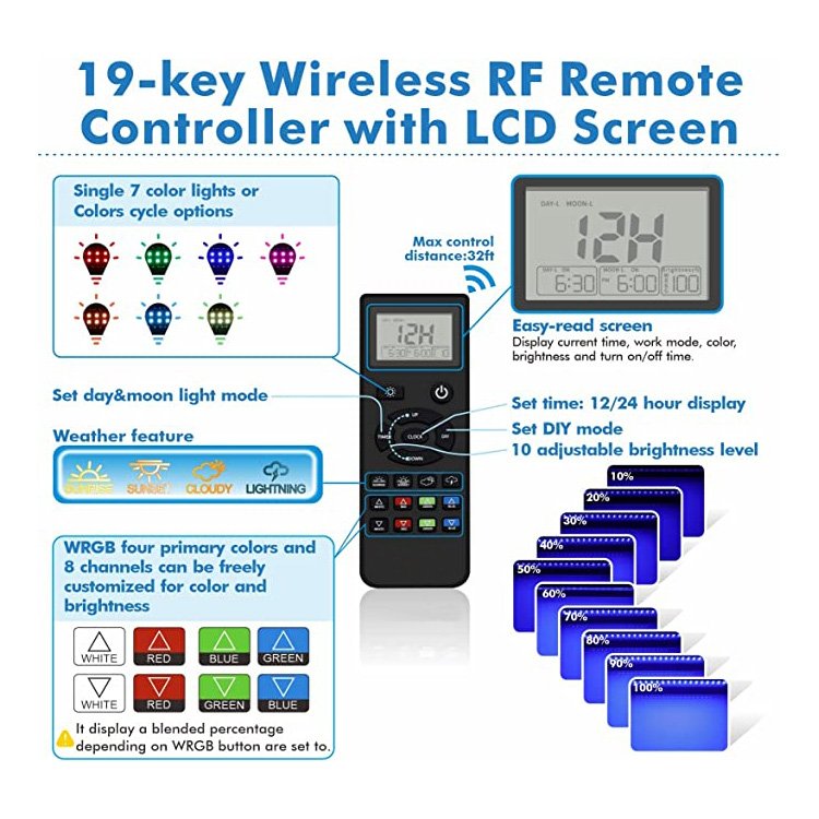 Fullgain FG158 Remote Control 24/7 Smart WRGB LED Grow Fish Aquarium Light full Spectrum for Live Plant Fish Tank 12-55 inch
