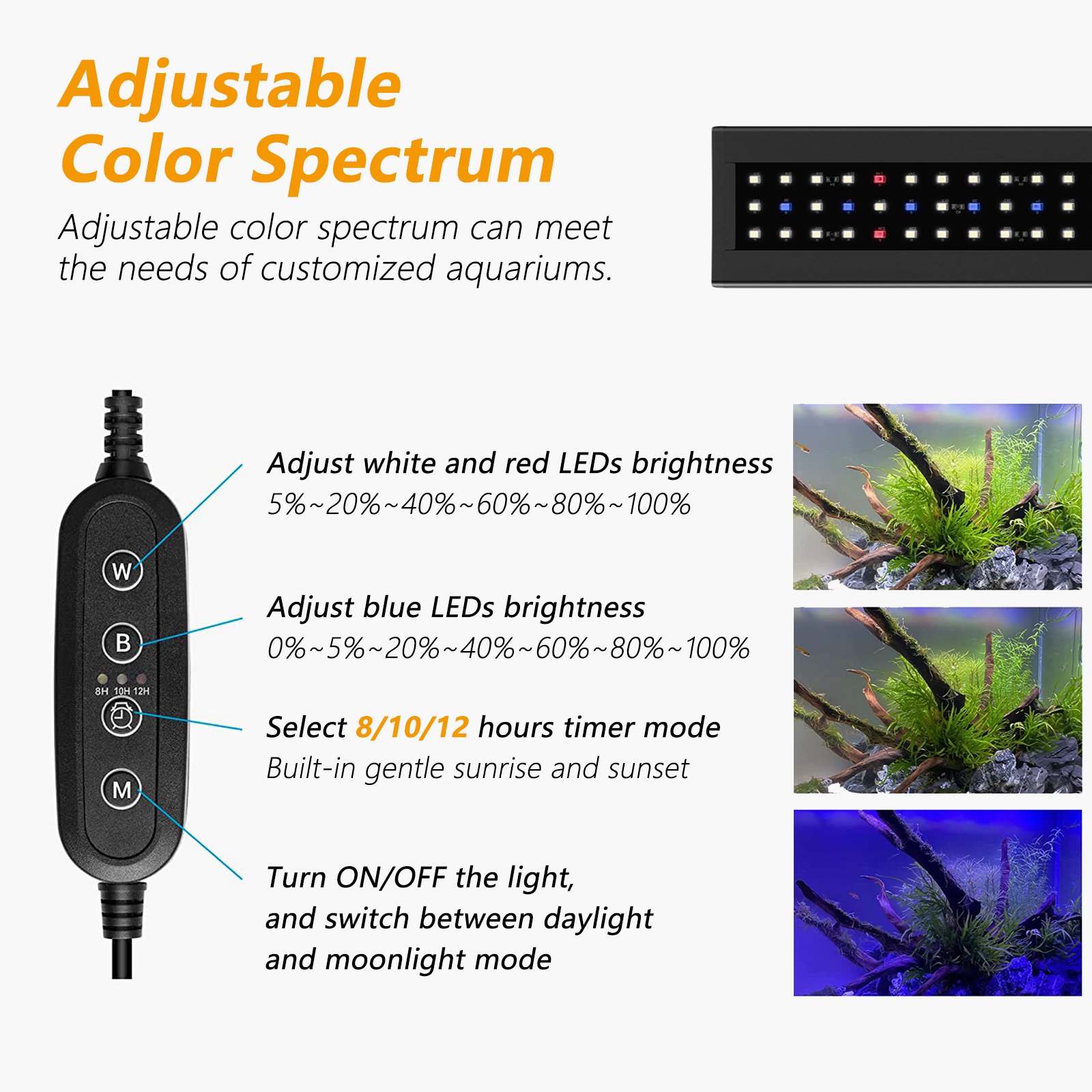 Extendable Bracket 24-30 Inch Freshwater 16 Watts fish tank plant light led aquarium light full spectrum