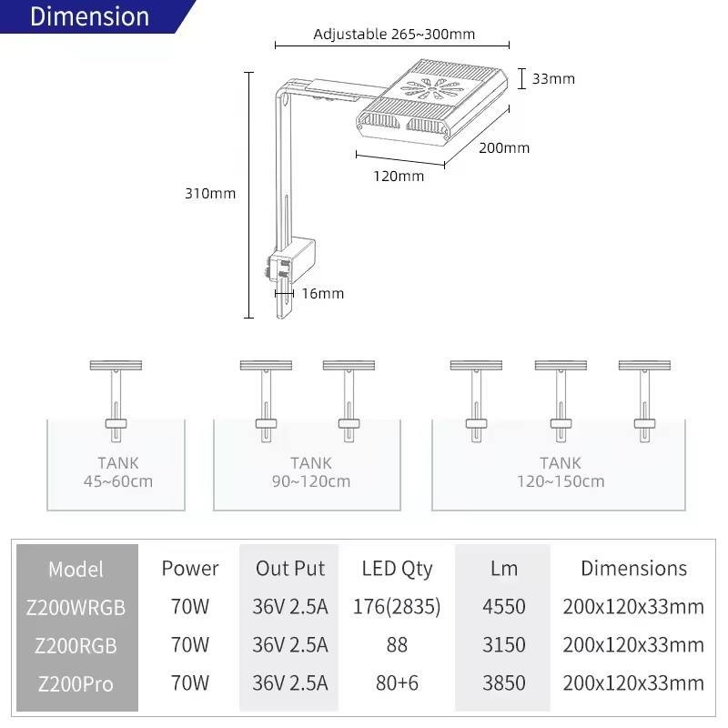 WEEK AQUA Z200 Series Aquarium LED Light WRGB Full Spectrum LED Bracket Lamp Freshwater Aquarium Plant LED Light
