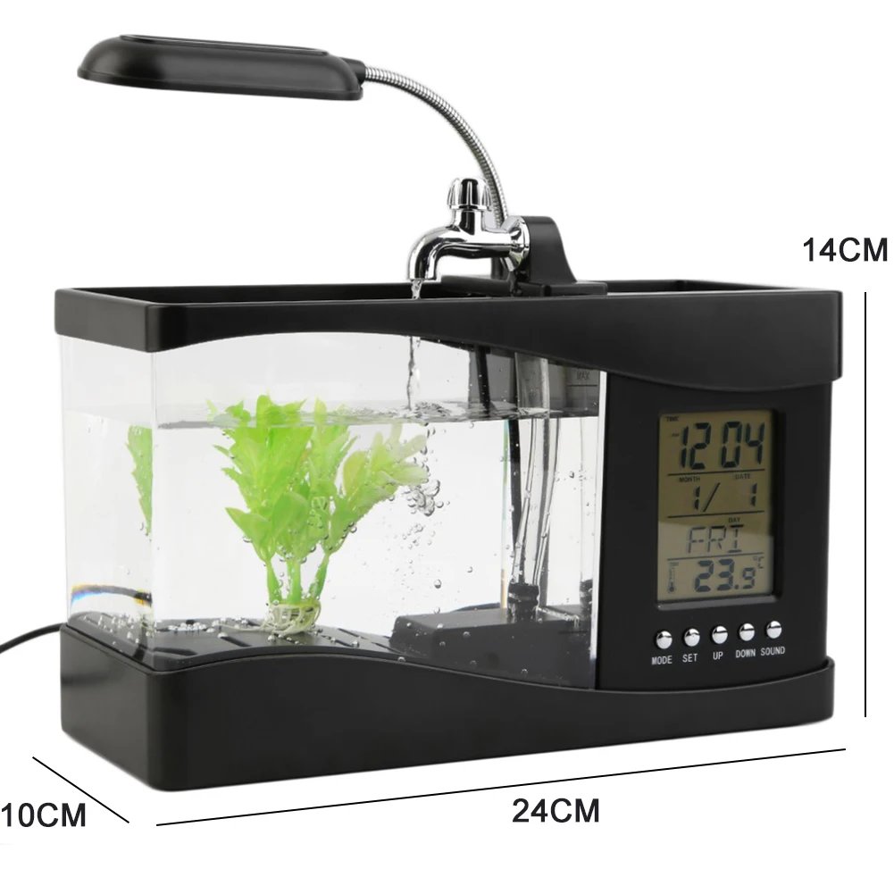 1PCDC 5V USB Desktop Mini Fish Tank Aquarium LCD Timer Clock LED Lamp Light Black Color 24 * 10 * 14cm