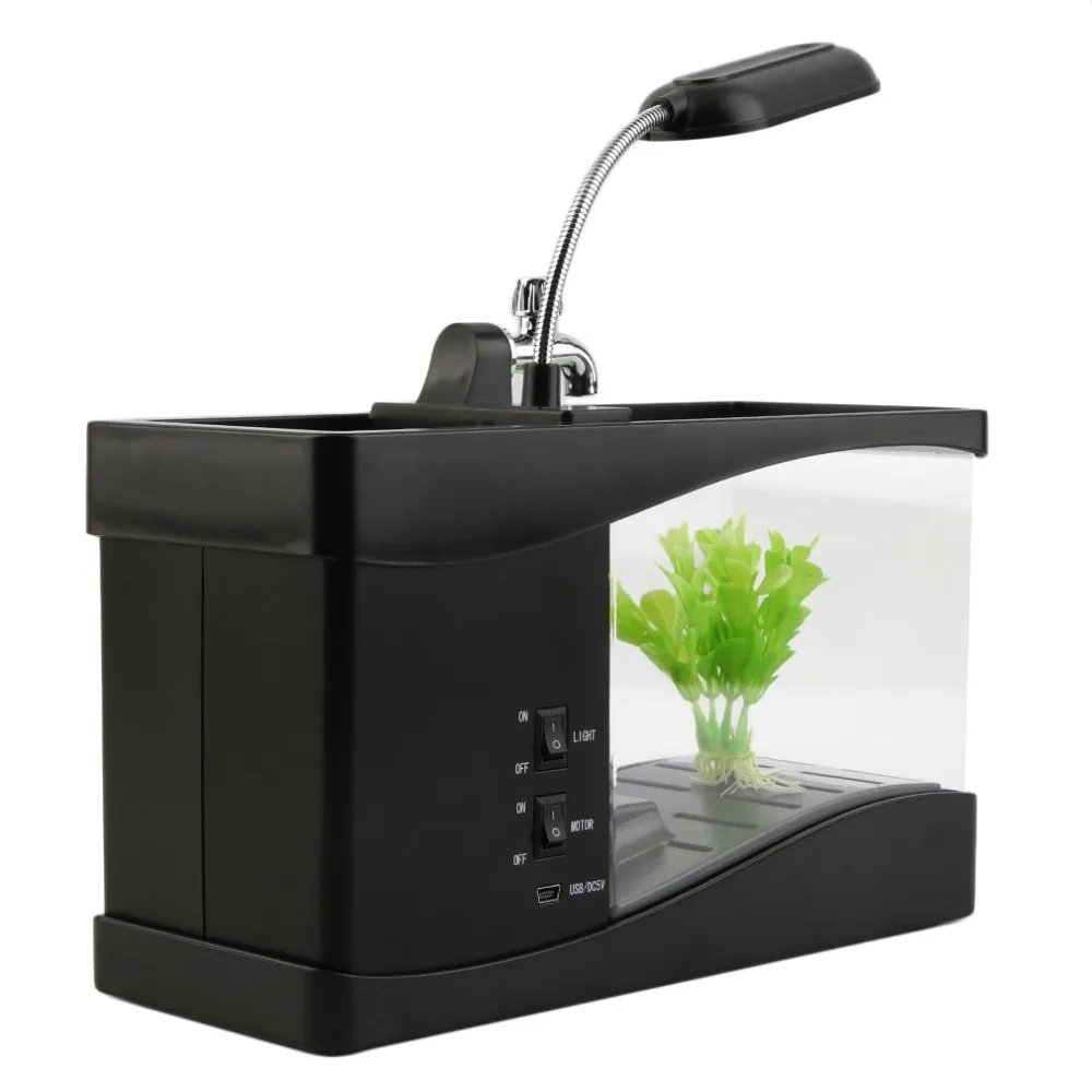 1PCDC 5V USB Desktop Mini Fish Tank Aquarium LCD Timer Clock LED Lamp Light Black Color 24 * 10 * 14cm