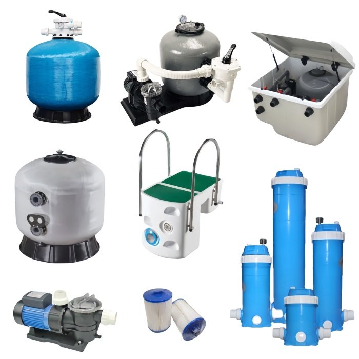 complete set swimming pool equipment including sand filter pump underwater LED light pool ladder waterfall