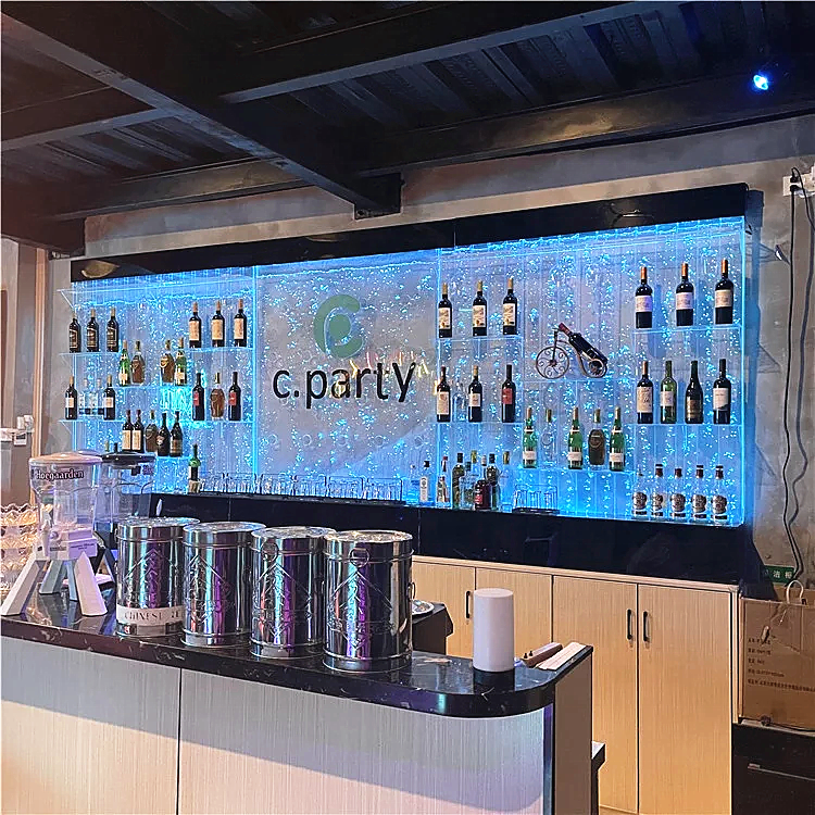 Custom made Homebar decorative acrylic water bubble wall led indoor waterfall with home bar shelves