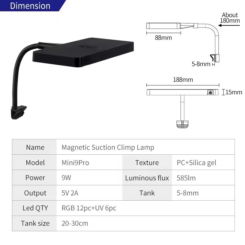 Latest Hot Sale WEEK AQUA Mini 9 Pro USB full spectrum LED aquarium light plant growth nano aquarium plant terrarium light