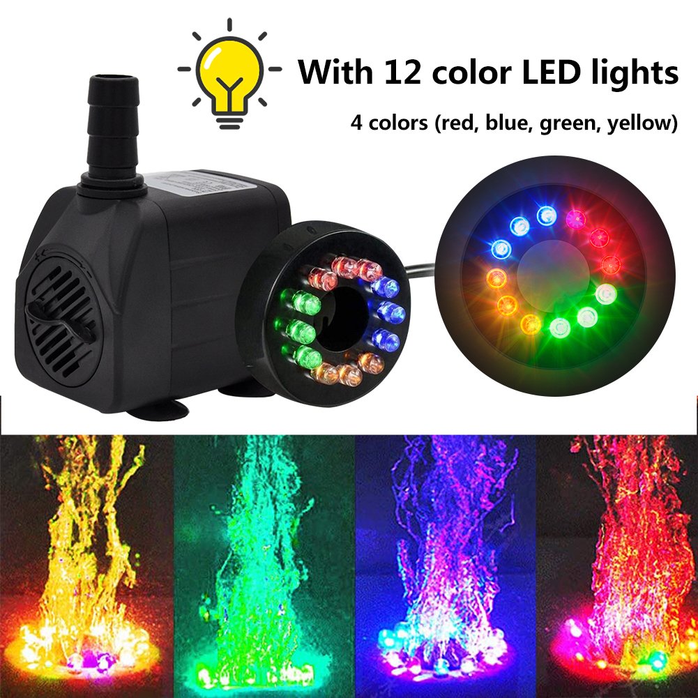 Aquarium submersible pump for aquarium garden pond statue outdoor fountain pump with 12 PCES RGB LED lights