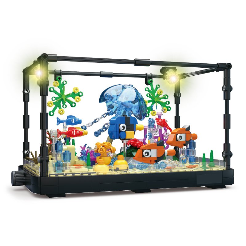 Fish Tank Building Set with LED Light Movable Aquarium Building Blocks for Kids with Jellyfish Fish Animal Educational Gift
