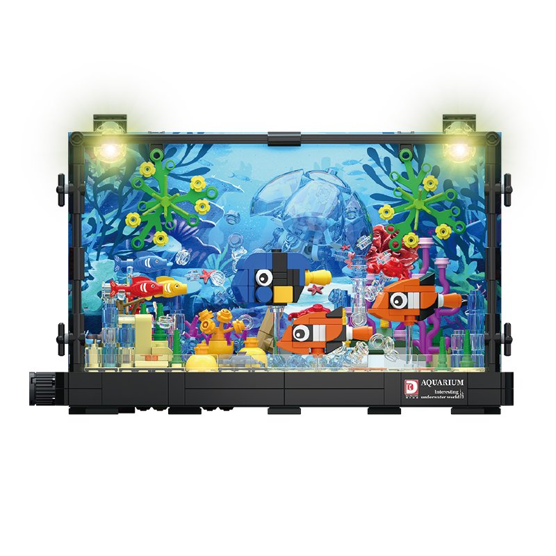 Fish Tank Building Set with LED Light Movable Aquarium Building Blocks for Kids with Jellyfish Fish Animal Educational Gift