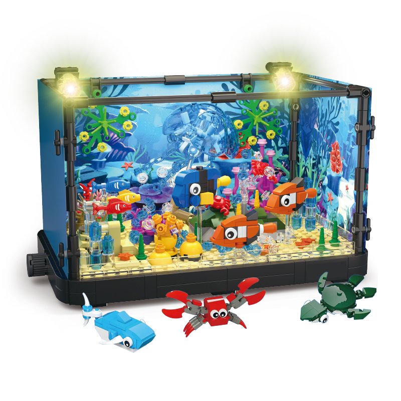 Fish Tank Building Set with LED Light Movable Aquarium Building Blocks for Kids with Jellyfish Fish Animal Educational Gift