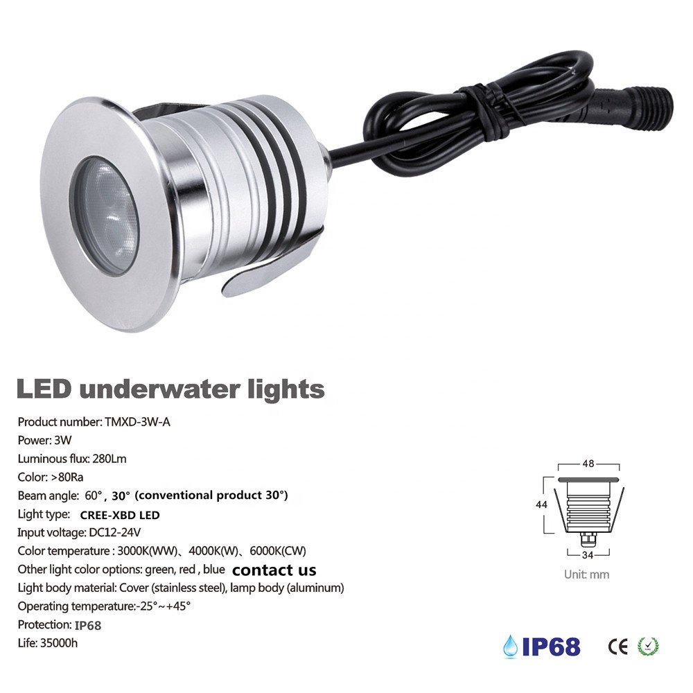 IP68 Waterproof Underwater 3W Spotlight 35mm Cut Hole Swimming Pool Fountain Aquarium Landscape Lighting