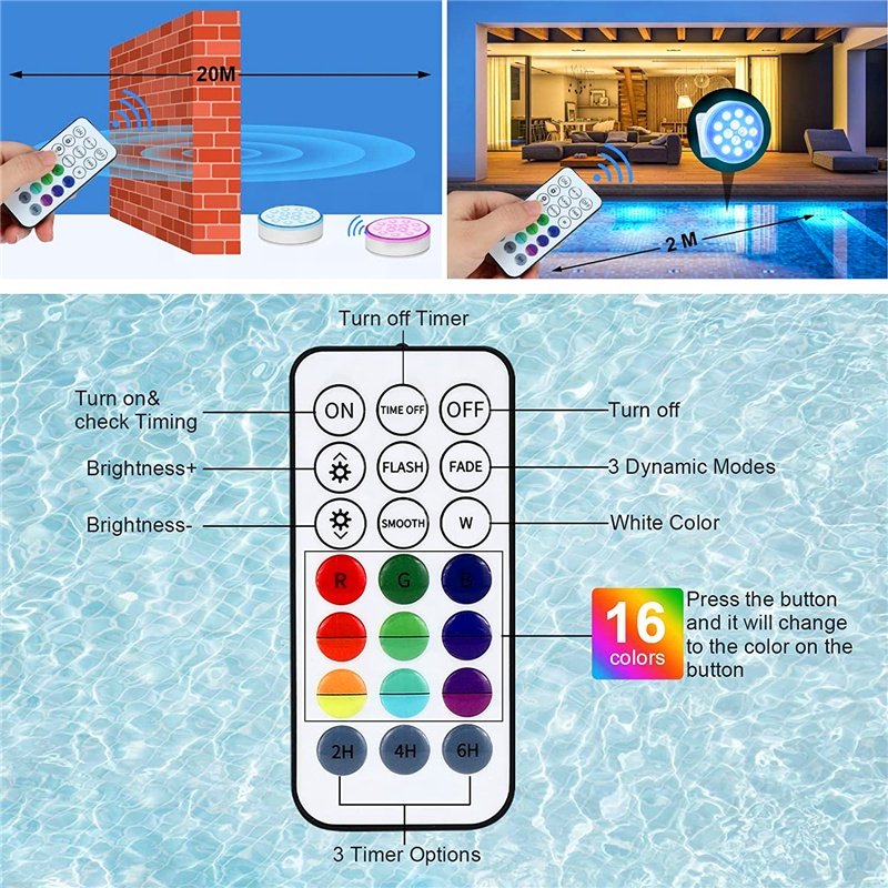 IP68 Underwater Waterproof usb rechargeable Submersible LED Flashing Pool Lights with RF Remote Super Bright Diving Light