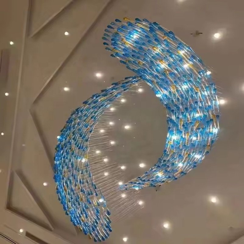 Luxury Blue Fish Chandelier Art Decor Blown Glass Fish Sea Ocean Series High Ceiling Chandelier
