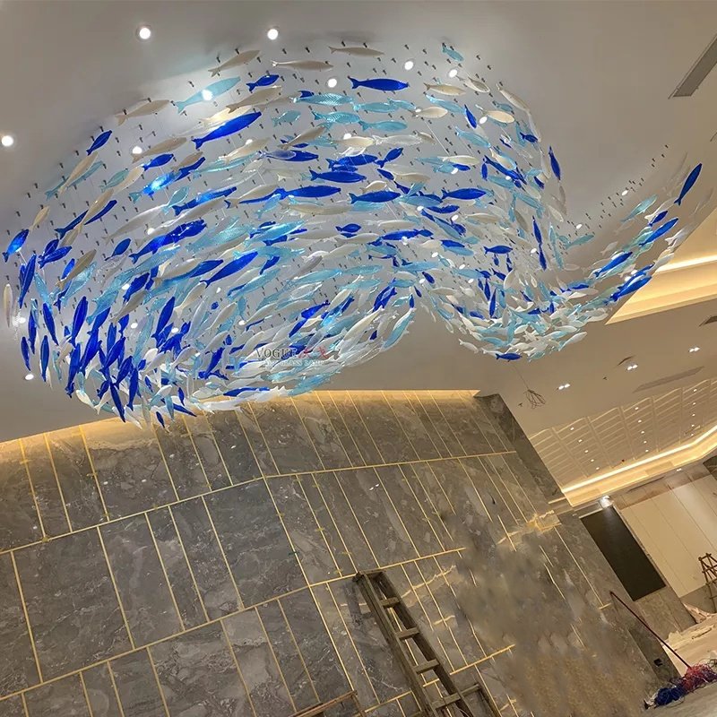 Luxury Blue Fish Chandelier Art Decor Blown Glass Fish Sea Ocean Series High Ceiling Chandelier