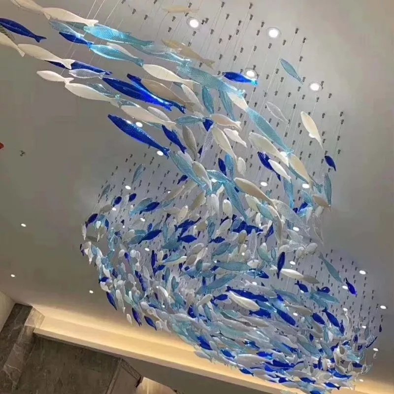Luxury Blue Fish Chandelier Art Decor Blown Glass Fish Sea Ocean Series High Ceiling Chandelier