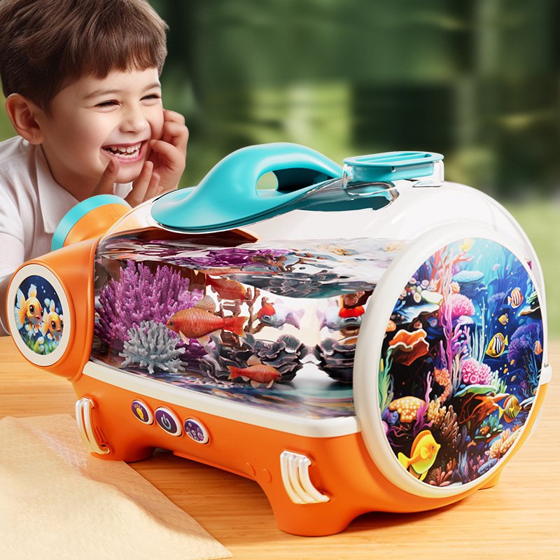 Novelty Children Fish Tank with LED Light STEM Electronic Educational Breeding Toys Mini Desktop Aquarium For Kids