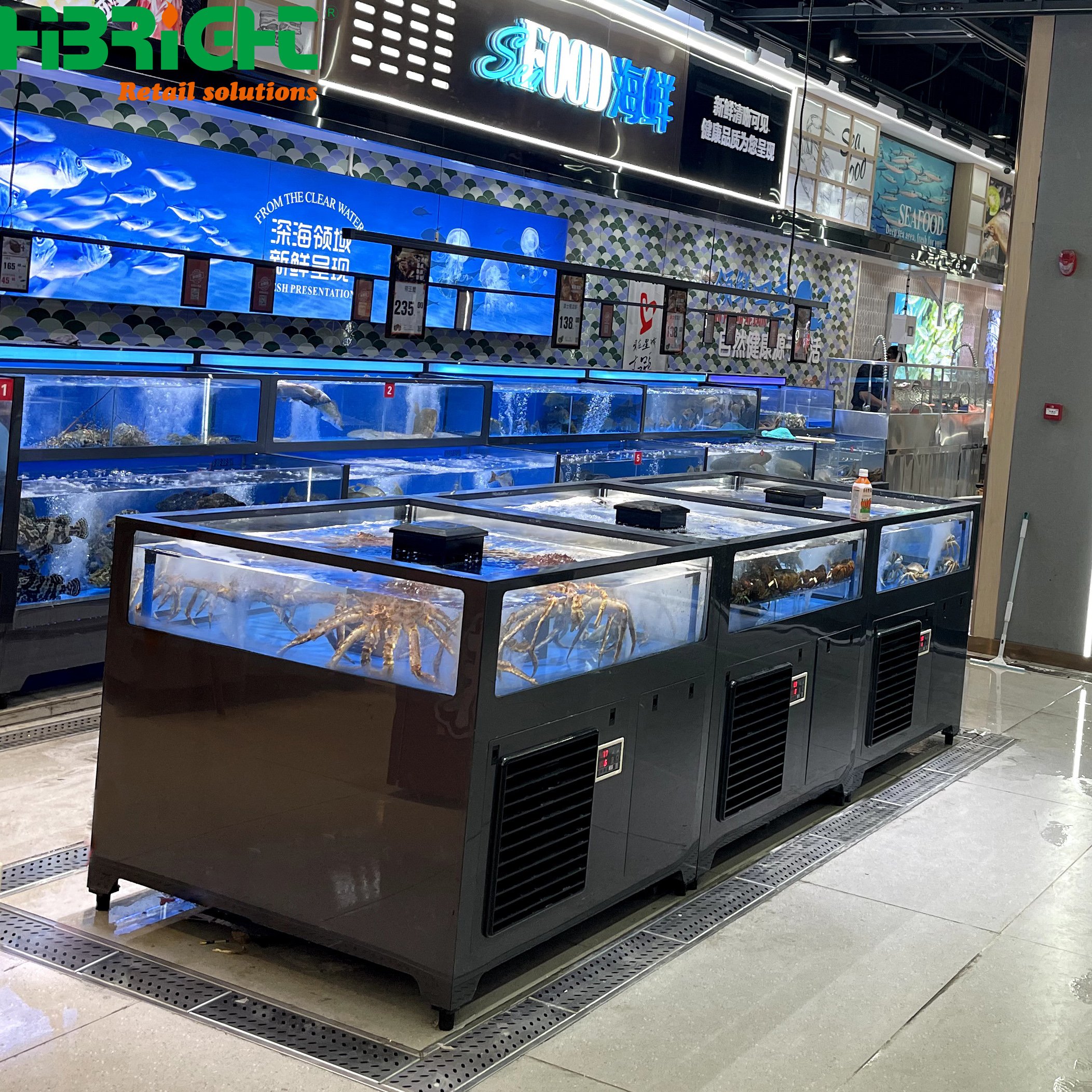 Supermarket 2 Layer Glass Live Seafood Fish Display Pool Cooler Tank Aquarium Chiller With LED Light