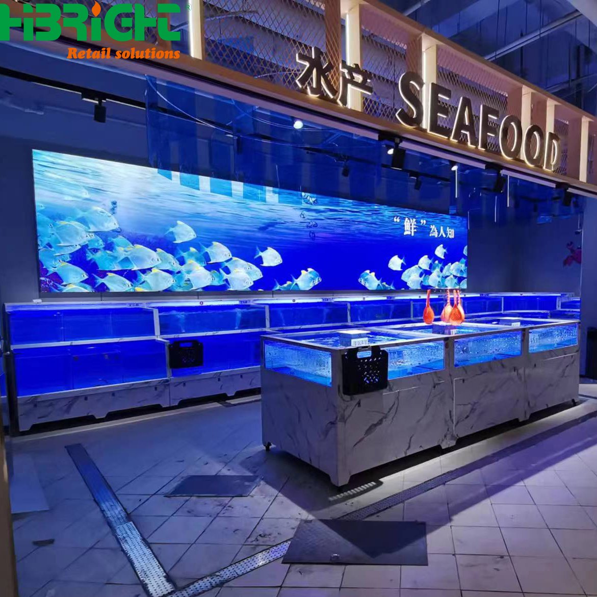 Supermarket 2 Layer Glass Live Seafood Fish Display Pool Cooler Tank Aquarium Chiller With LED Light
