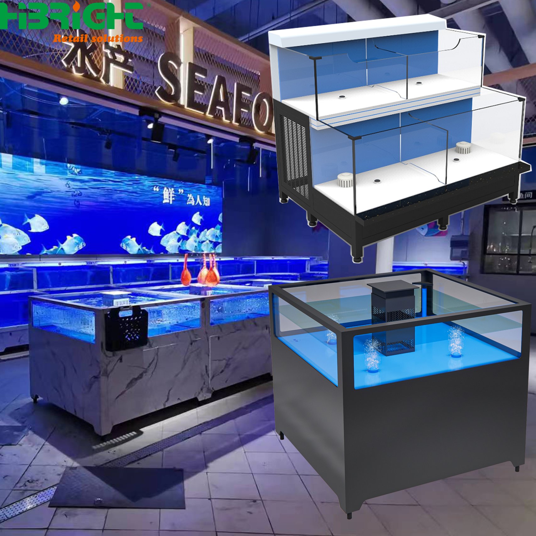 Supermarket 2 Layer Glass Live Seafood Fish Display Pool Cooler Tank Aquarium Chiller With LED Light