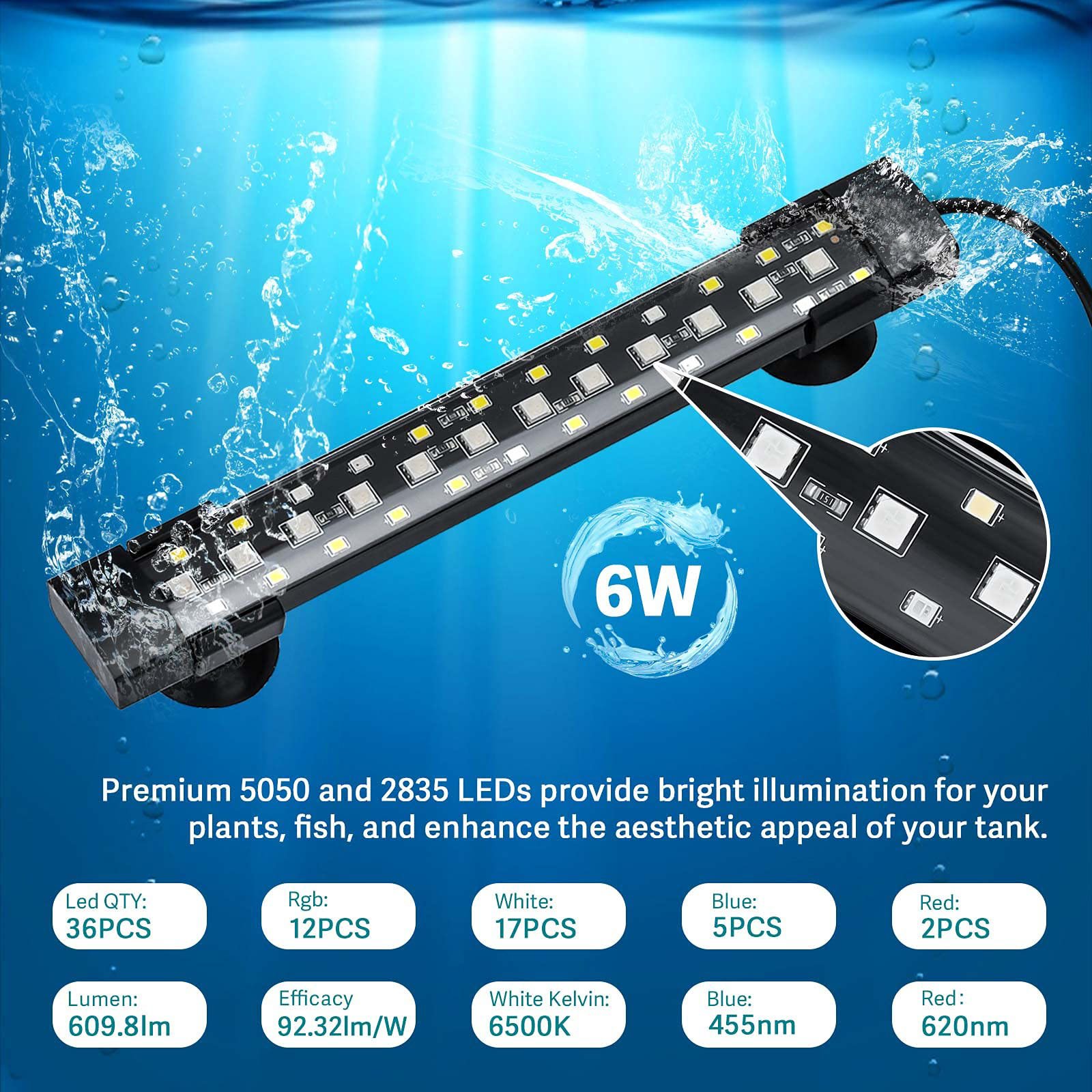 24/7 Natural Mode Submersible Acrylic Fish Tank Aquarium Tank LED Light With 5 Levels of Dimmable Options