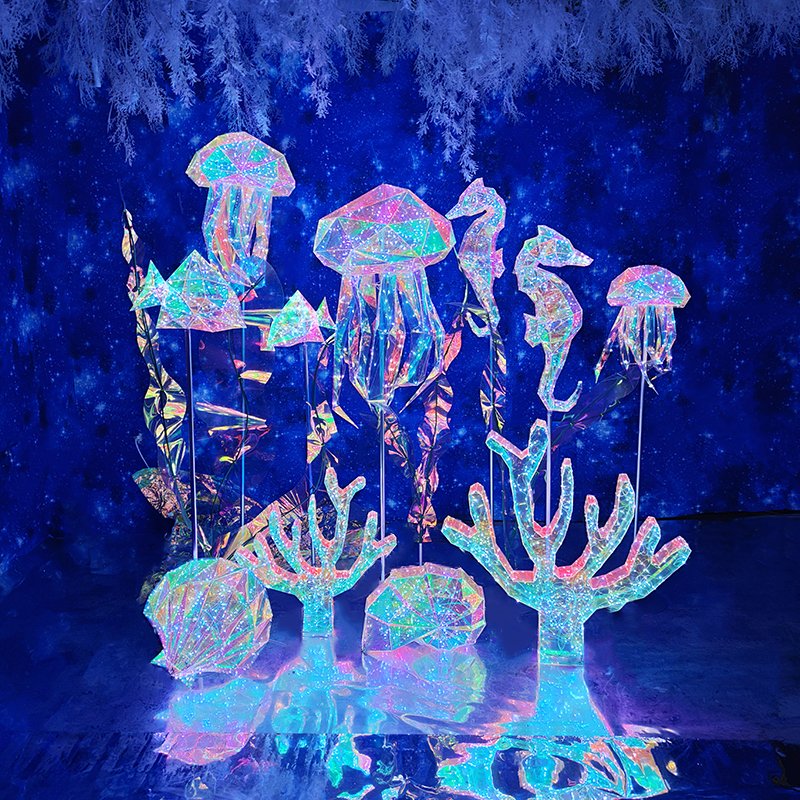 Illuminated Underwater LED Light Display - Giant Aquarium Scene with Glowing Fish and Sea Creatures