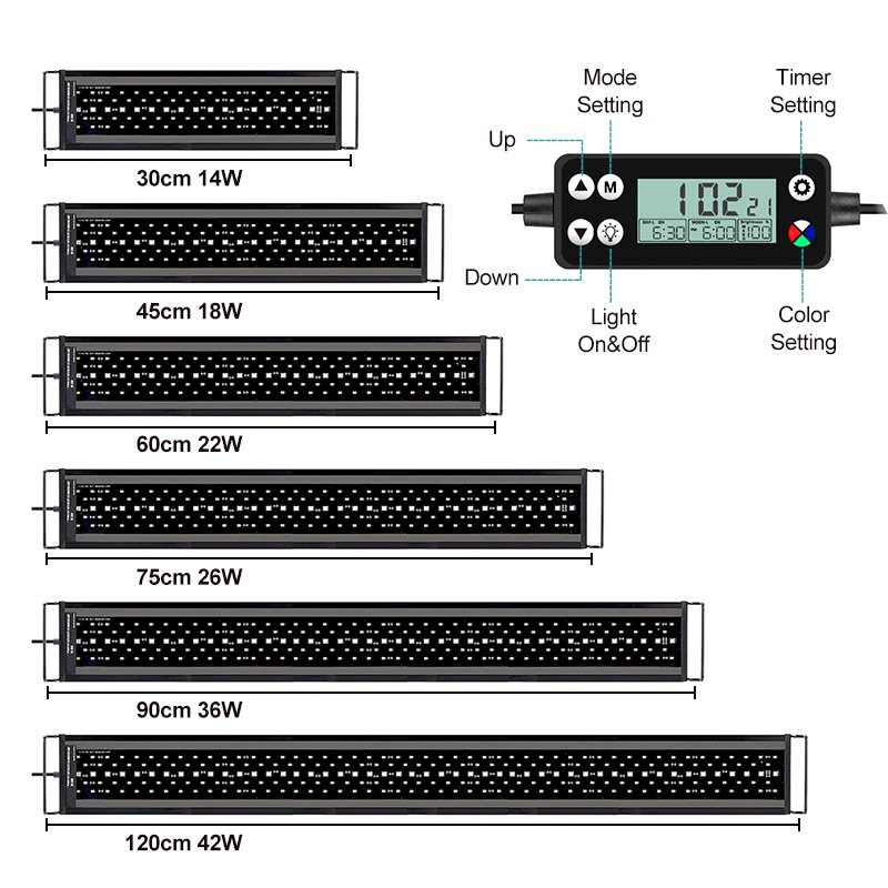 60cm 22W Full Spectrum Auto ON/OFF Fish Tank Light Aquatic Planted Led Aquarium Light WRGB for Freshwater Tank with LCD Monitor