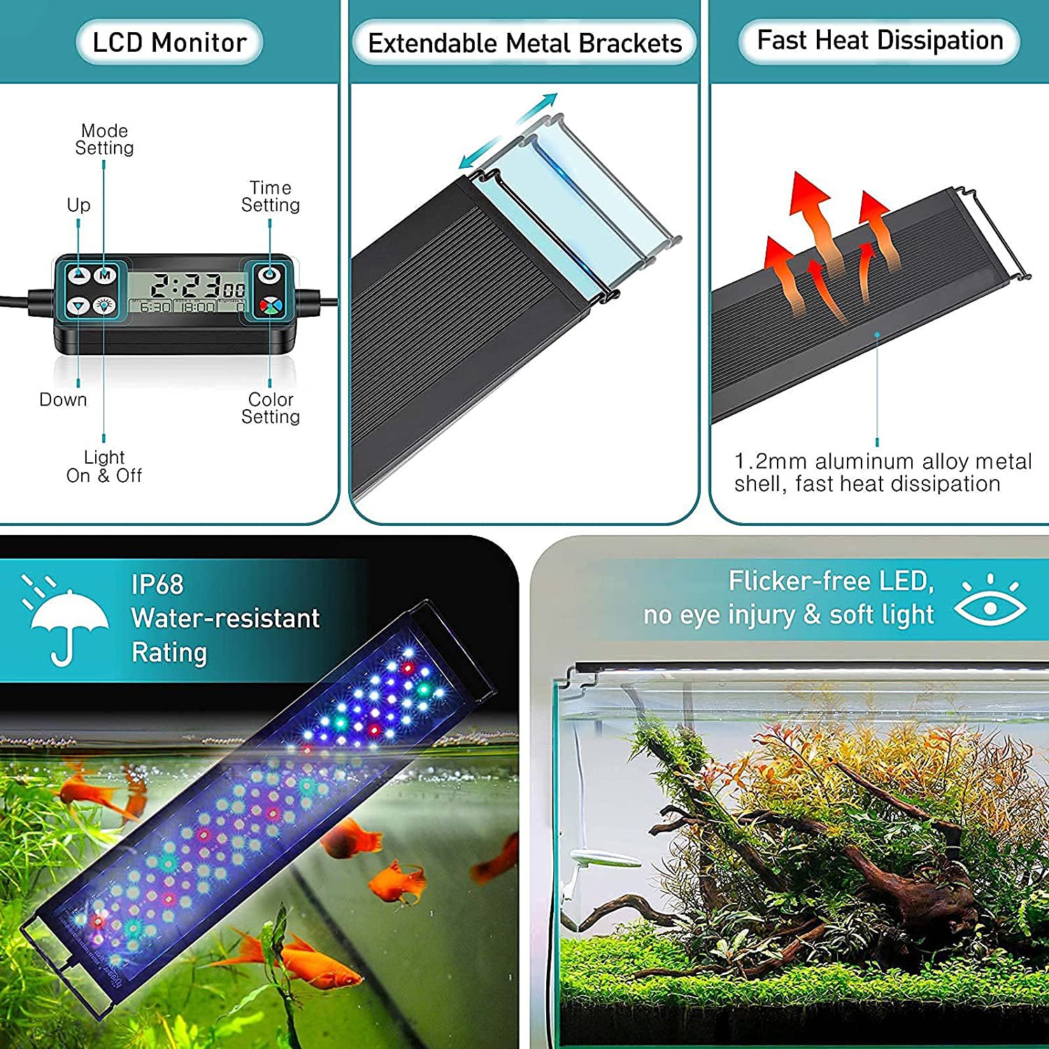 60cm 22W Full Spectrum Auto ON/OFF Fish Tank Light Aquatic Planted Led Aquarium Light WRGB for Freshwater Tank with LCD Monitor