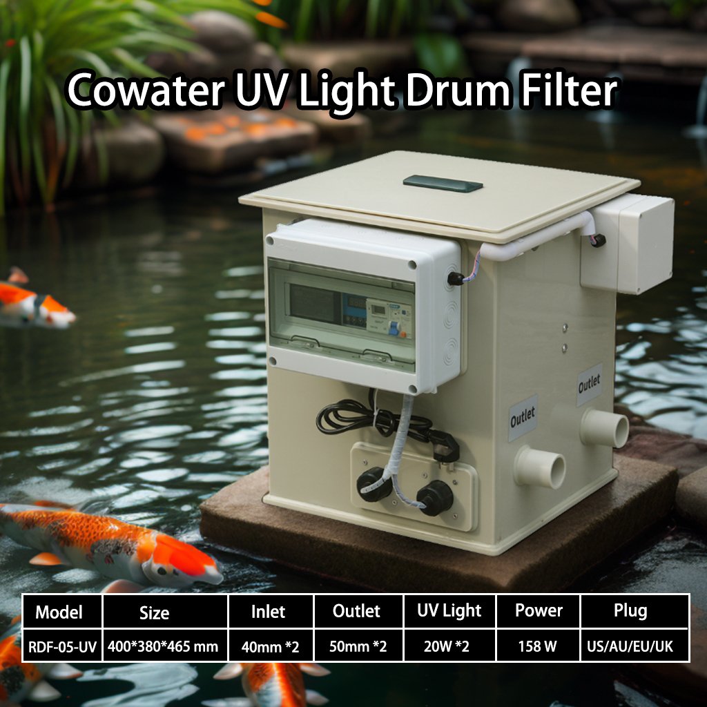 Cowater Instock 20W UV Light Drum Filter 1320 Gallon per hour 5 T/hr flow Koi Pond Rotary Drum Filter for Fish Pond