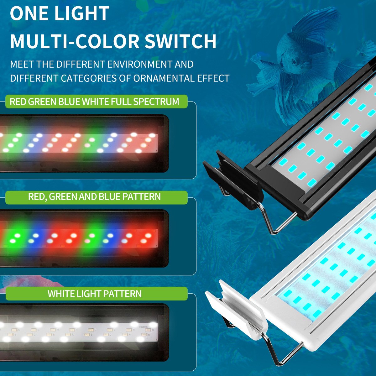 Small Fish Tank Light Stand Black LED Water Tank Lighting 4 Rows Blue and White Color Changing Fish Tank Light Stand