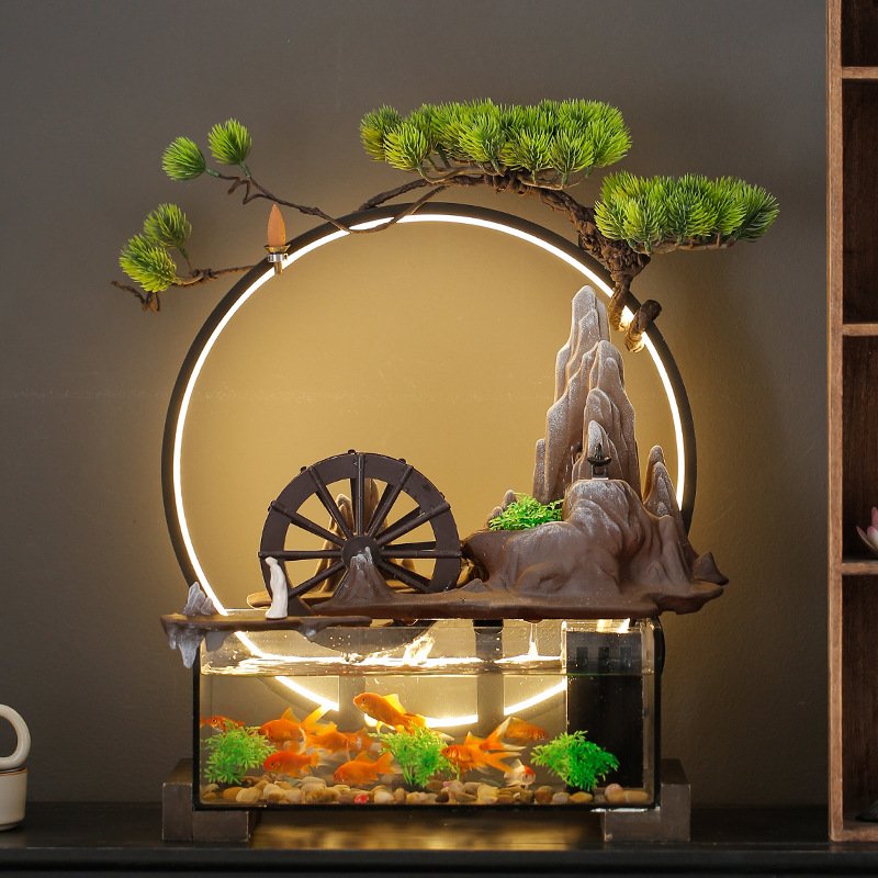Ceramics Rockery waterfall ornament indoor smoke waterfall water fountain with light fish tank for home office desktop decor