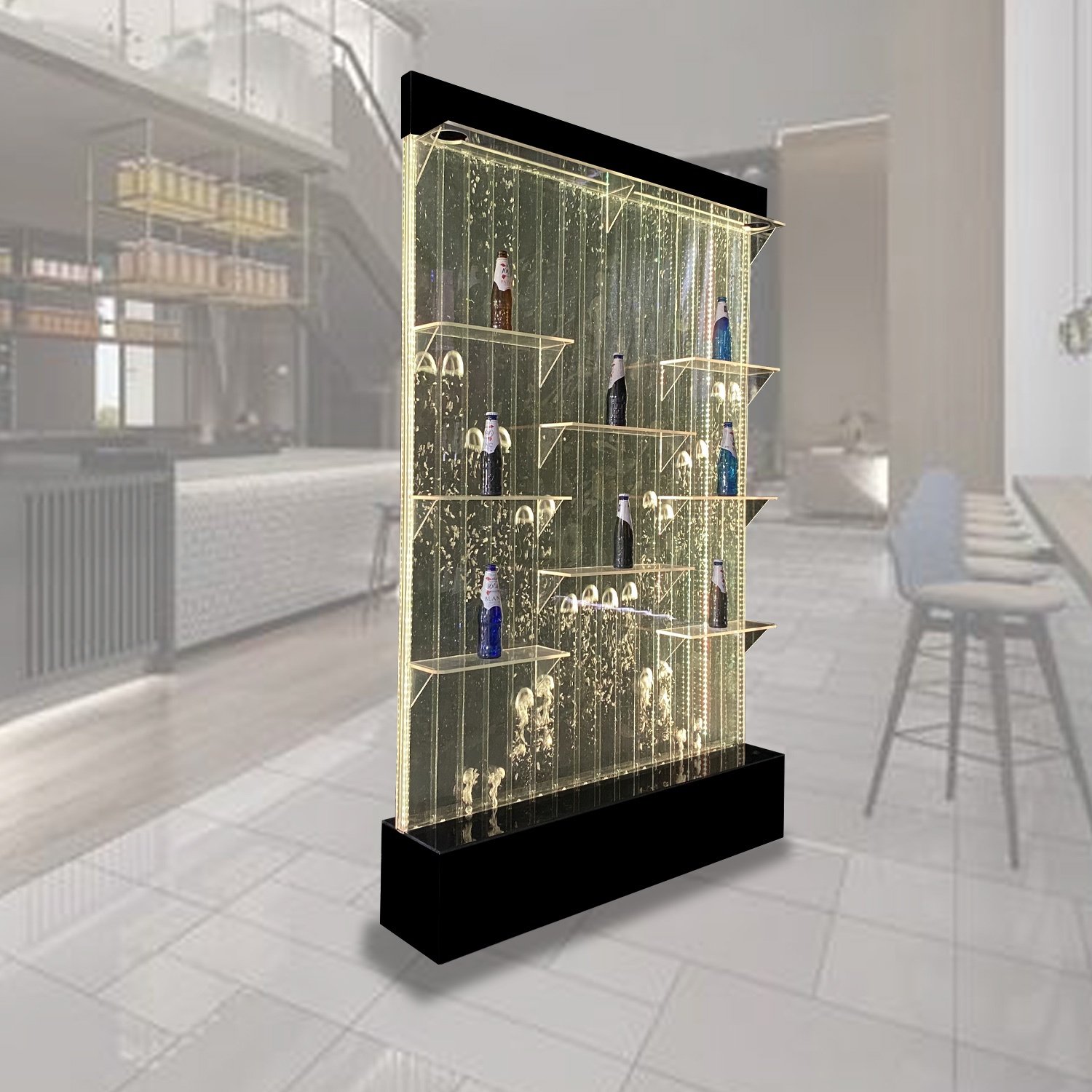 Custom made large aquarium digital water bubble wall panel with liquor shelf display
