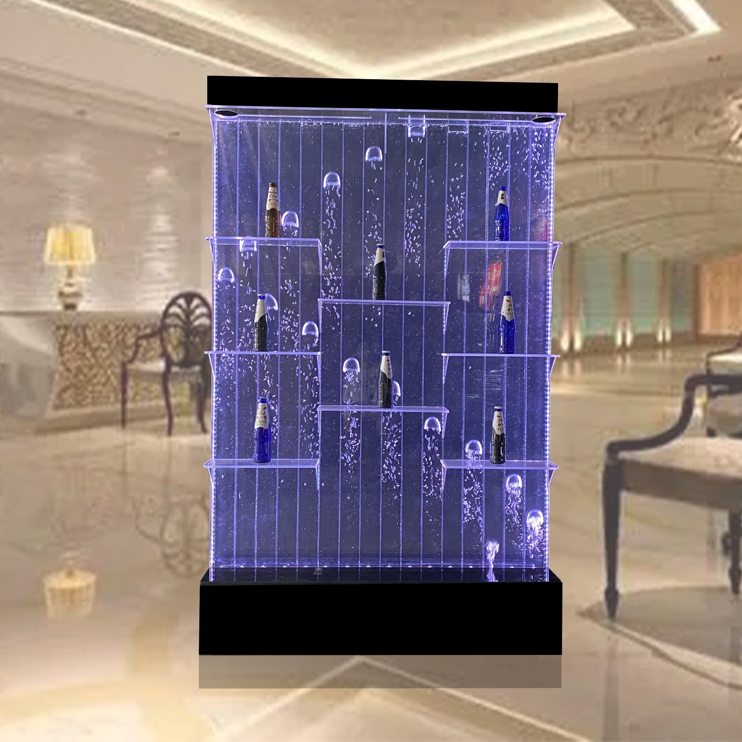 Custom made large aquarium digital water bubble wall panel with liquor shelf display
