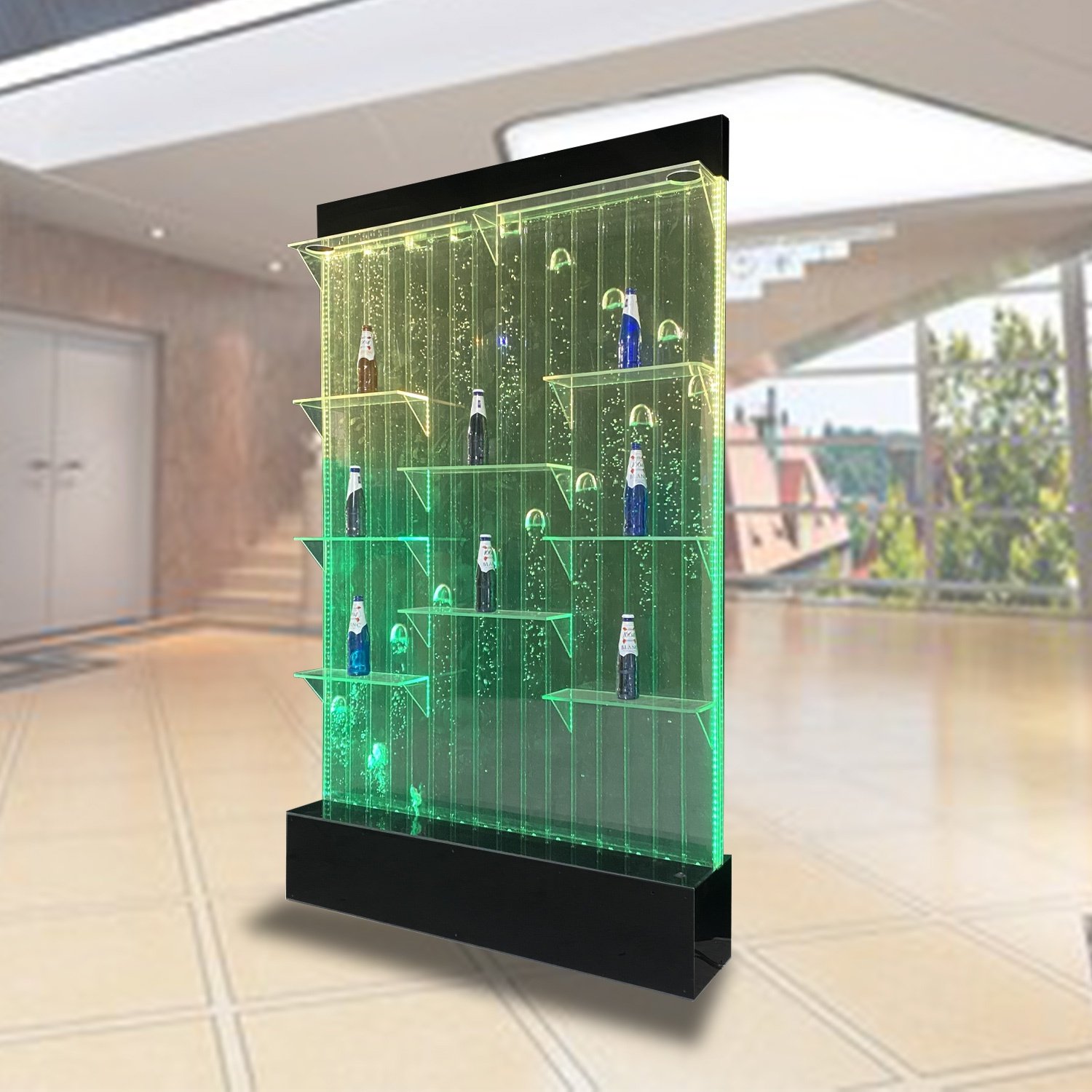 Custom made large aquarium digital water bubble wall panel with liquor shelf display