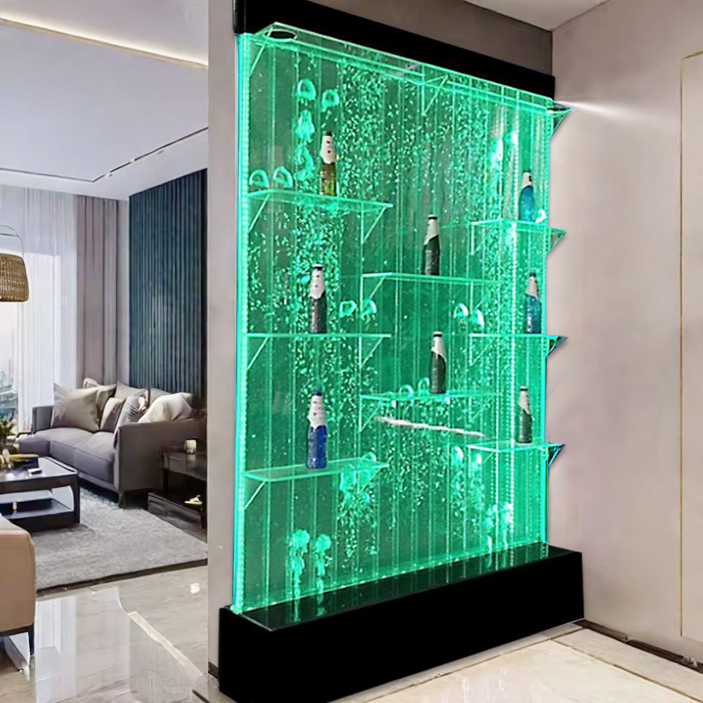 Custom made large aquarium digital water bubble wall panel with liquor shelf display