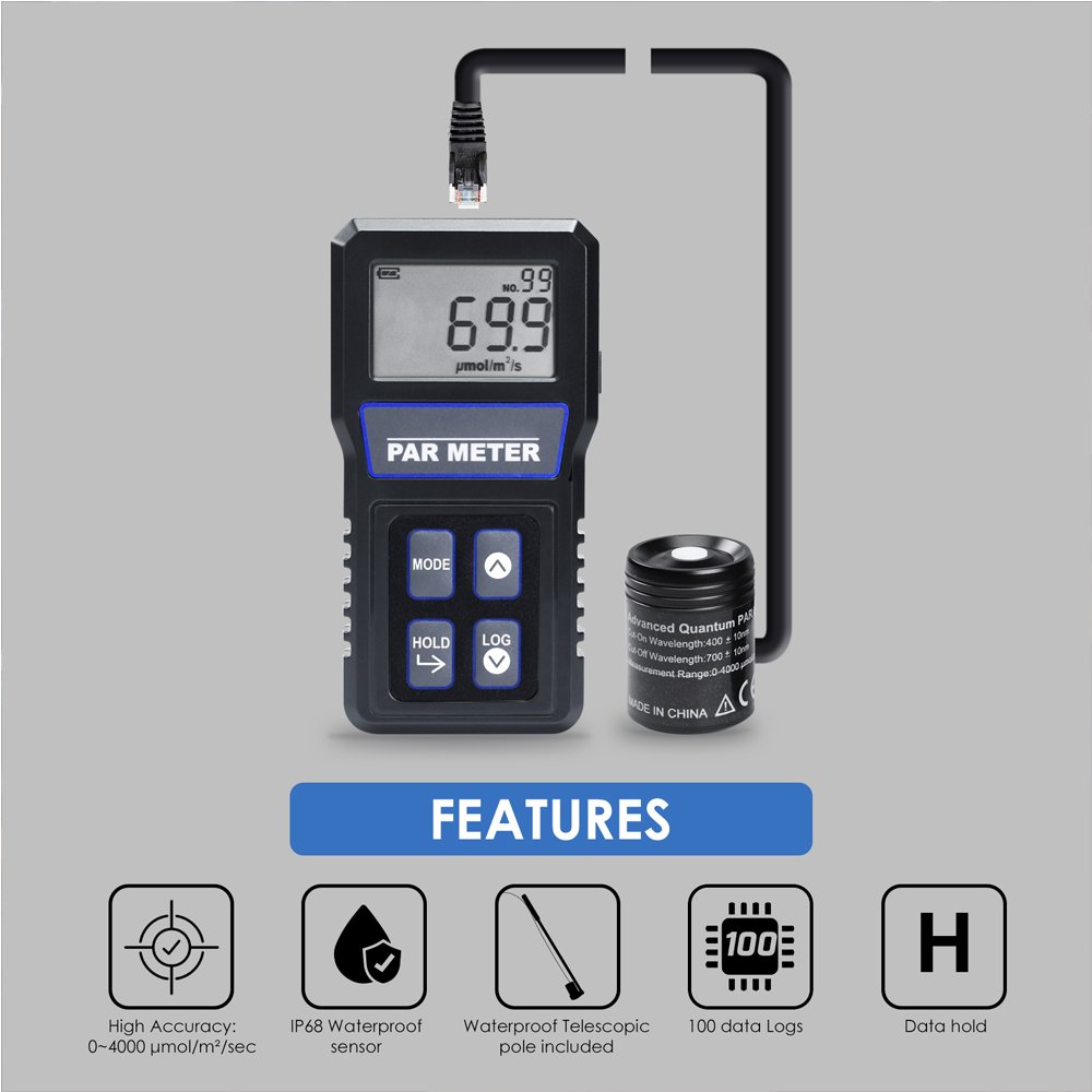 Digital PAR Meter Full Spectrum Quantum Sensor for Aquarium Reef Tank and Plant Care Measures PPFD IP68 LCD Display