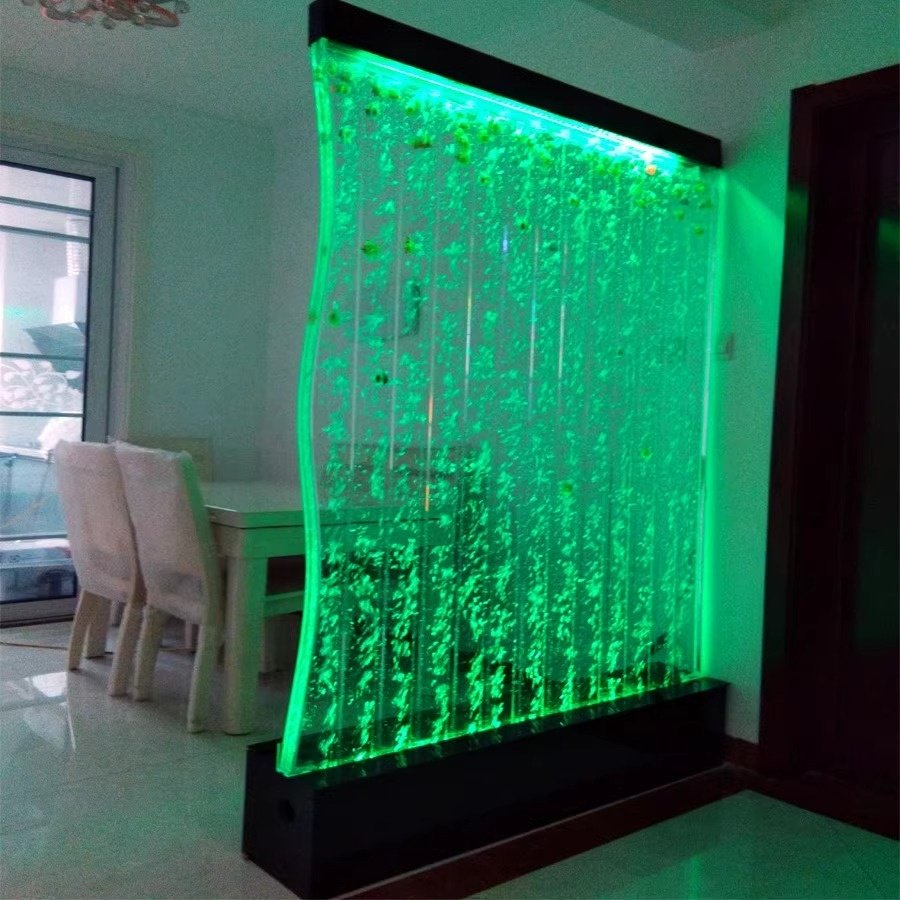 custom indoor make water curtain colorful LED lights air bubbles clear acrylic wall water curtain aquarium