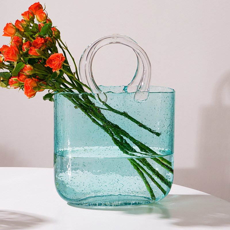 Light pink /light blue Hydroponic Flower Arrangement Bag Hand Basket Glass Vase Crystal Creative Vase Home Decoration