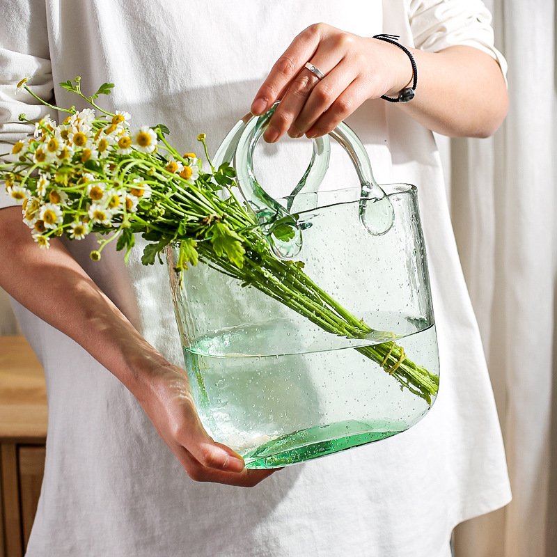 Light pink /light blue Hydroponic Flower Arrangement Bag Hand Basket Glass Vase Crystal Creative Vase Home Decoration