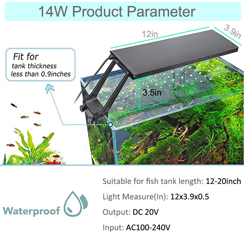 Clip On small led aquarium light 12 inch 30cm 14W aquarium led lighting with aquarium timer 24/7 cycle