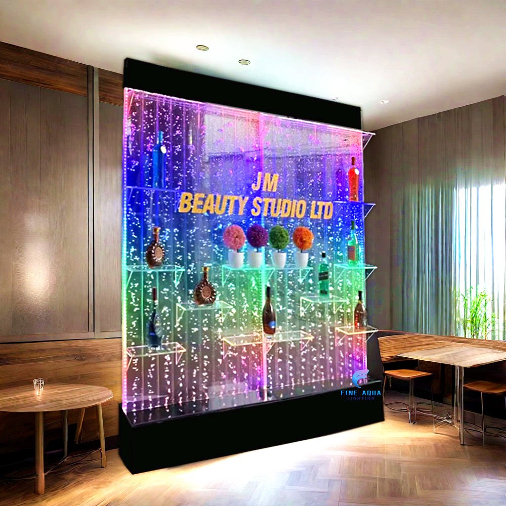 Home decor dancing acrylic changing LED light floor standing water bubble wall with shelves