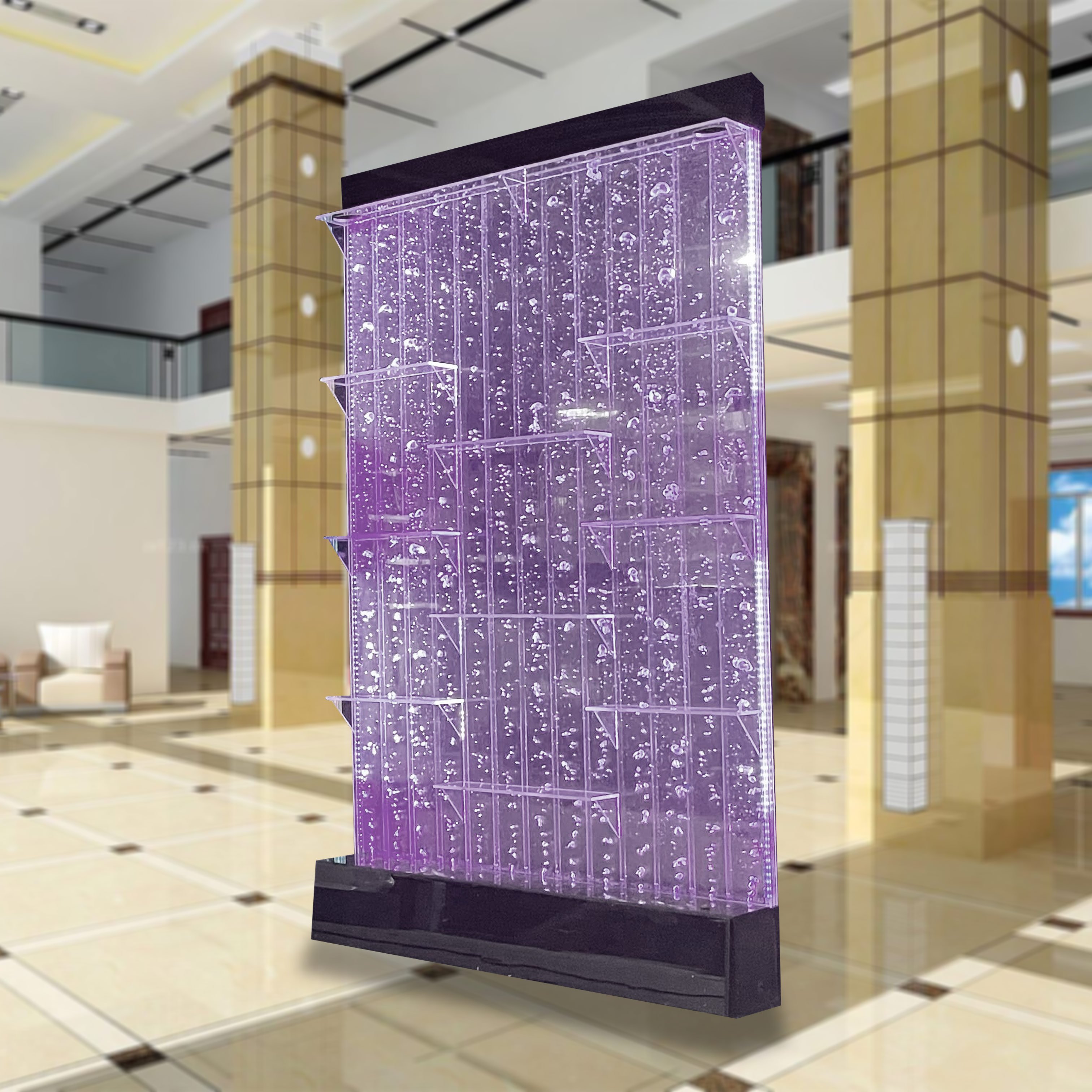 Home decor dancing acrylic changing LED light floor standing water bubble wall with shelves