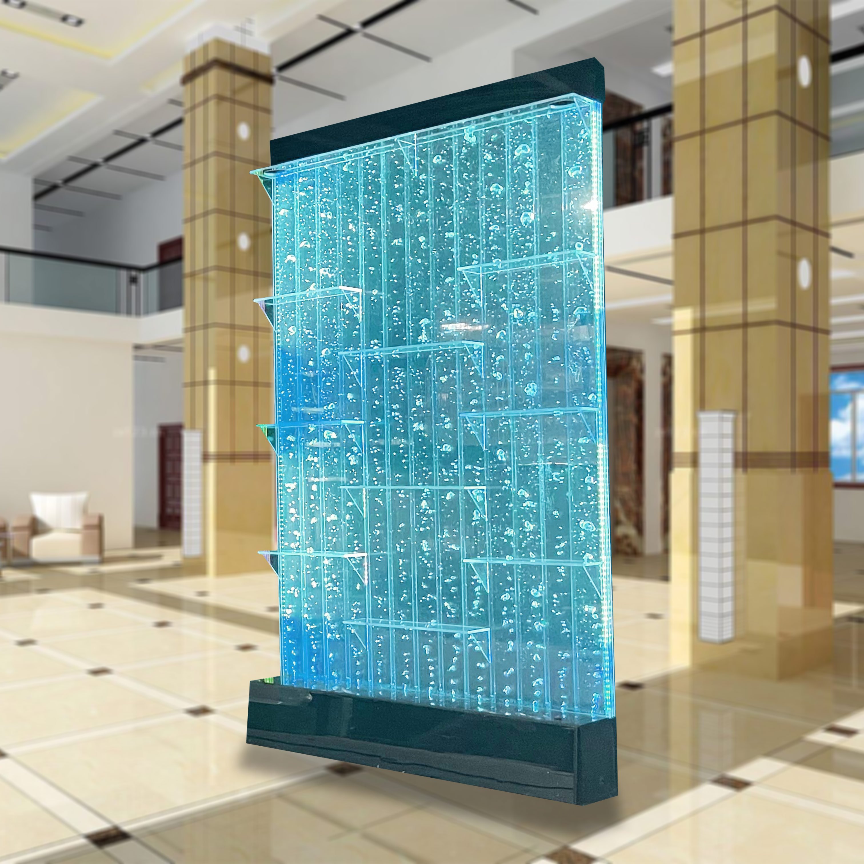 Home decor dancing acrylic changing LED light floor standing water bubble wall with shelves