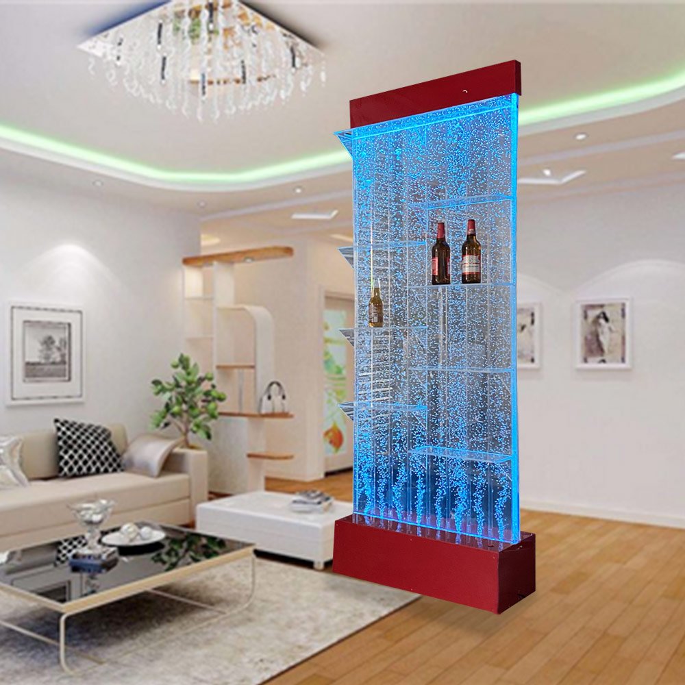 Home decor dancing acrylic changing LED light floor standing water bubble wall with shelves