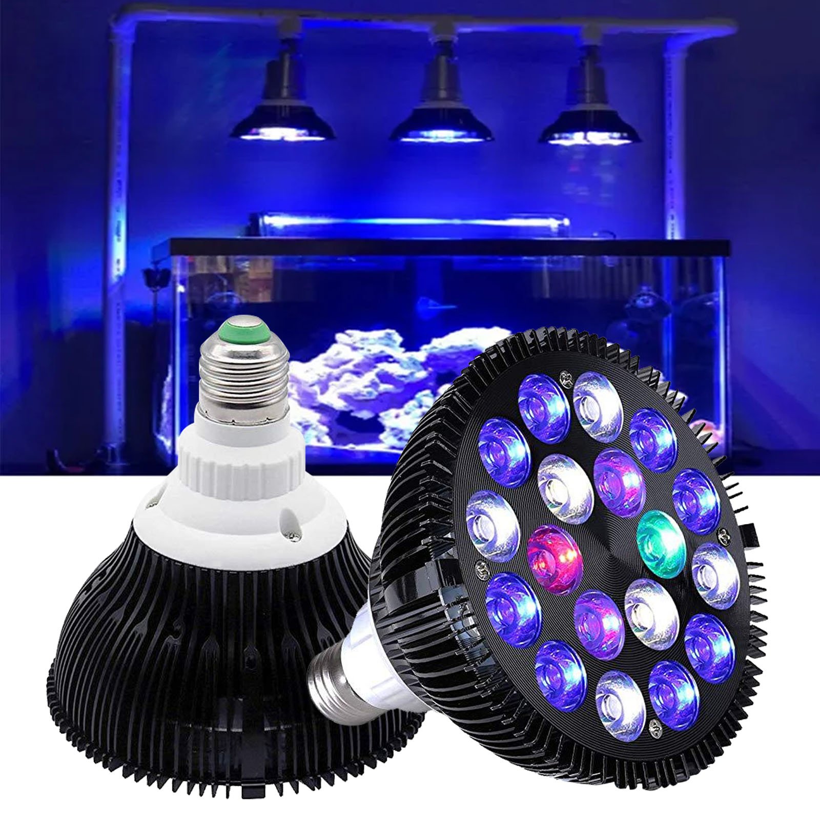 Cusomik 54 Watt Led Aquarium Light Bulb Full Spectrum E27 Base White Blue Grow Lamp for Coral Saltwater Fish Tank Reef Light