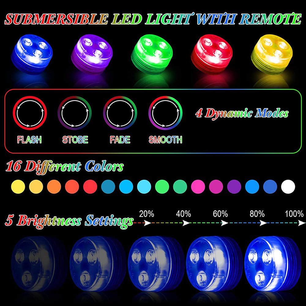 Colorful Underwater Lighting Fish Pond Tank Aquarium Decor Accessories Submersible Light Remote IP68 Light Fountain Pool Lamp