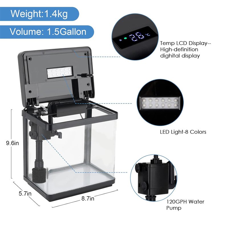 Small row aquarium with led light and filter Self Cleaning 3 in 1 Pump Filter Freshwater & Saltwater Betta Fish Tank Aquarium