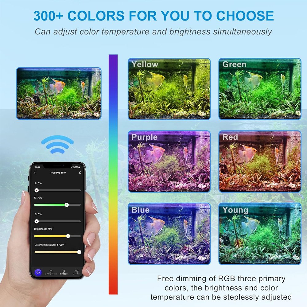 Full Spectrum Fish Tank Light with 24/7 Lighting Cycle, 8 Timer Color Adjustable LED Light App Control, Smart Aquarium Light,