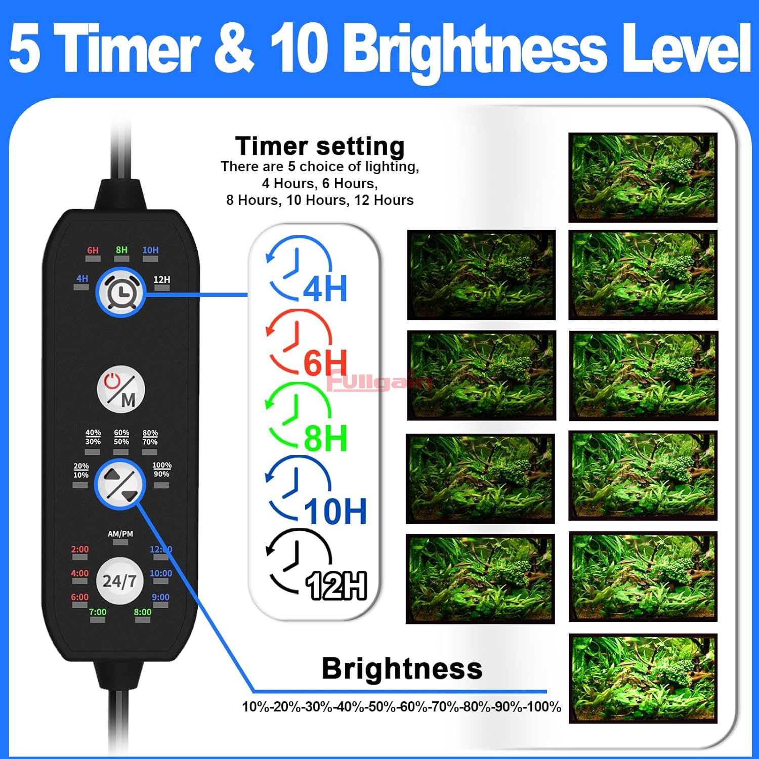 Fullgain FG188 24/7 Cycle Fish Tank Light Full Spectrum Auto On/Off Adjustable Brightness Height Clip On Aquarium Light