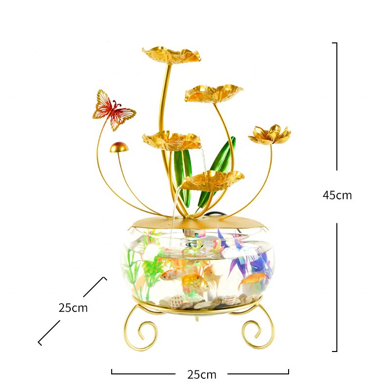Big Size Indoor Metal Water Flowing Decor Aquarium Feng Shui Decorative Tabletop Waterfall Fountain With Fish Tank and Light