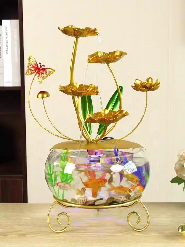 Big Size Indoor Metal Water Flowing Decor Aquarium Feng Shui Decorative Tabletop Waterfall Fountain With Fish Tank and Light