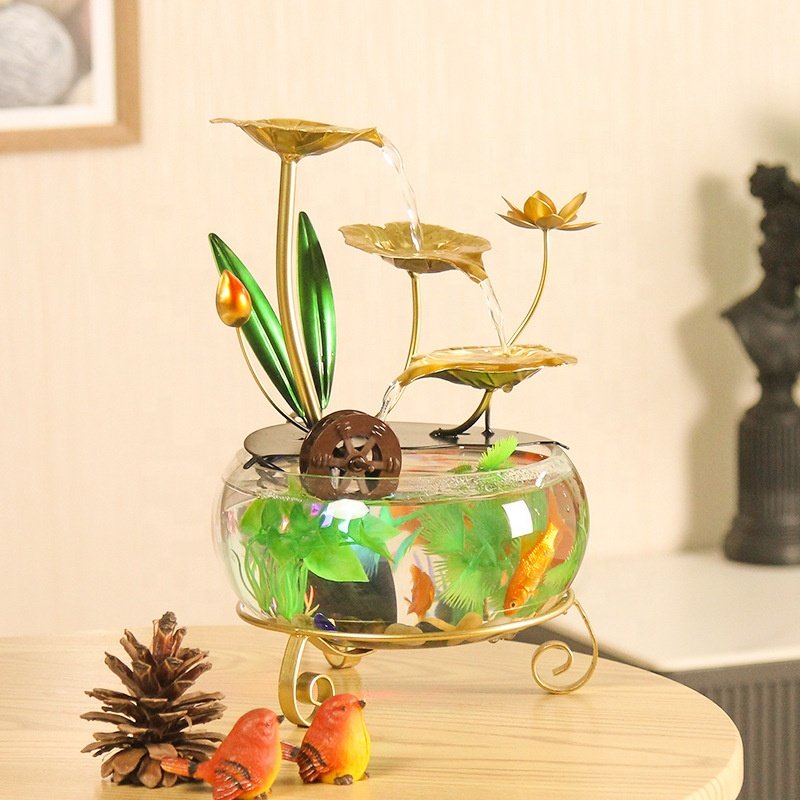 Big Size Indoor Metal Water Flowing Decor Aquarium Feng Shui Decorative Tabletop Waterfall Fountain With Fish Tank and Light